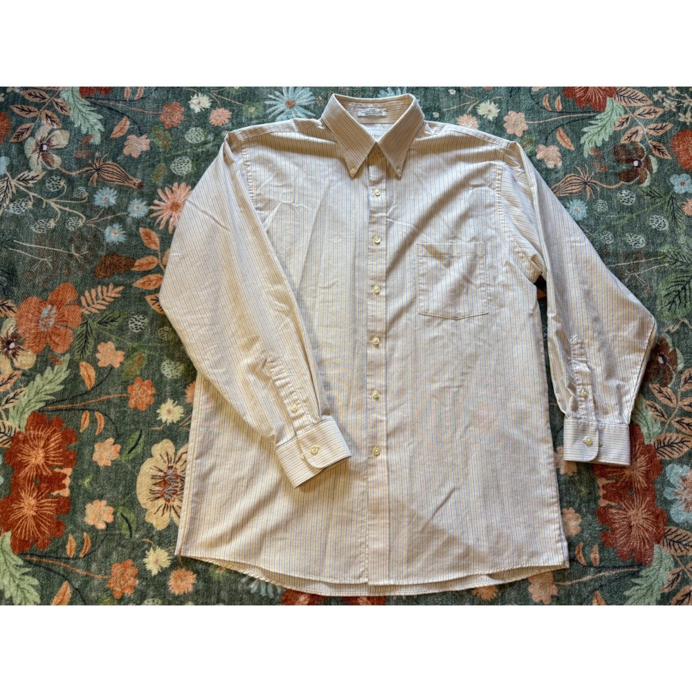 Van Heusen Mens Oxford Shirt Yellow Blue Stripe Wrinkle Free 16-16.5 32/33 Large